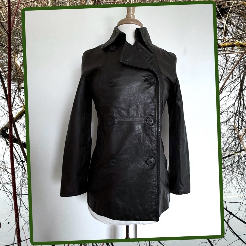 Vintage 90's GAP 100% Leather Double Breasted Pea Coat Black Size X-Small